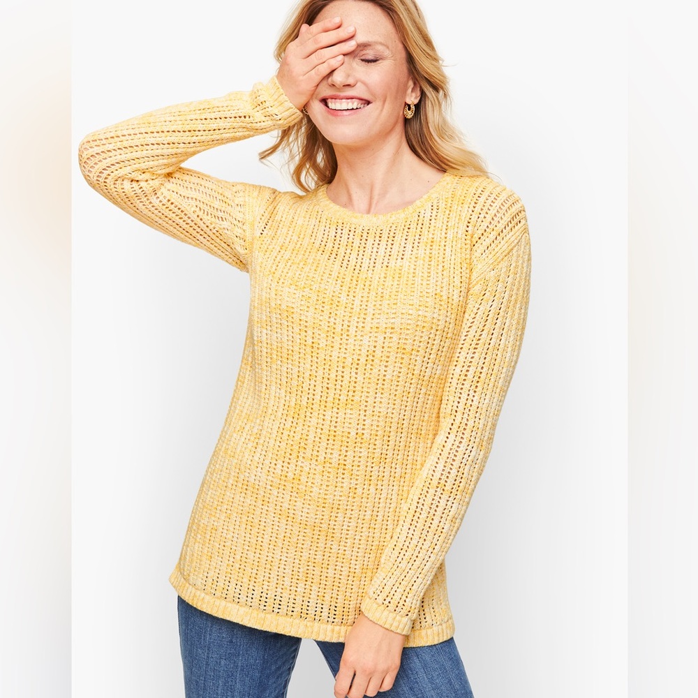 Talbots Blue Open-Stitch Space Dyed
Light Yellow Sweater Size XL NWT